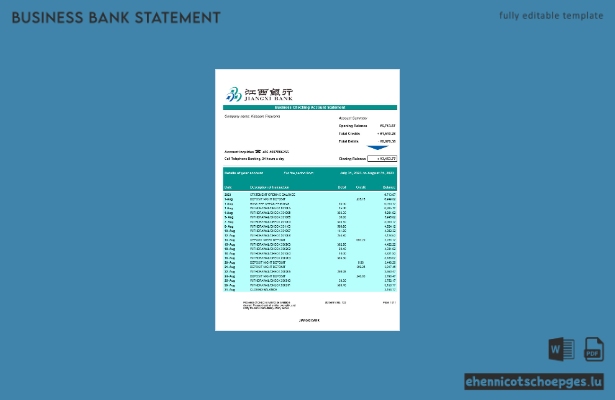 Beispiel eines Kontoauszugs vom Geschäftskonto der Jiangxi Bank (Word- und PDF-Datei)